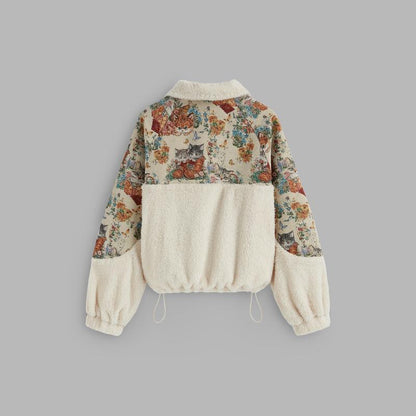 Cider [2 Colors, Size 0-26] Fleece Collar Floral Cat Knotted Sweatshirt